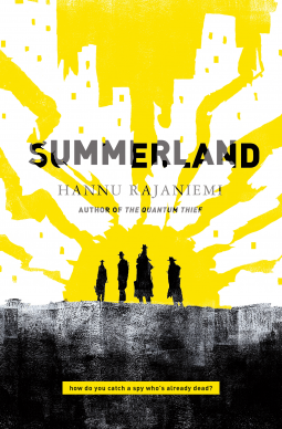 Summerland by Hannu Rajaniemi - Book Cover (Four silhouettes standing atop a cliff with an illustrated sun behind them)