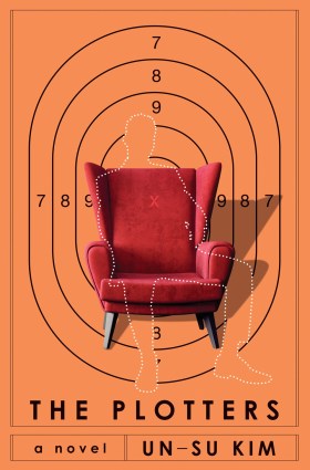 The Plotters by Un-su Kim - Book Cover (A dotted outline of a man sitting in a red armchair with a dartboard background behind)